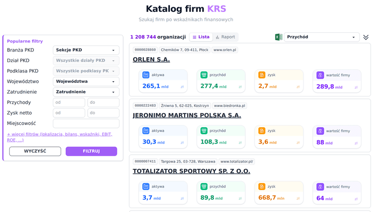 Wyszukuj organizacje za pomocą wybranych filtrów w katalogu firm